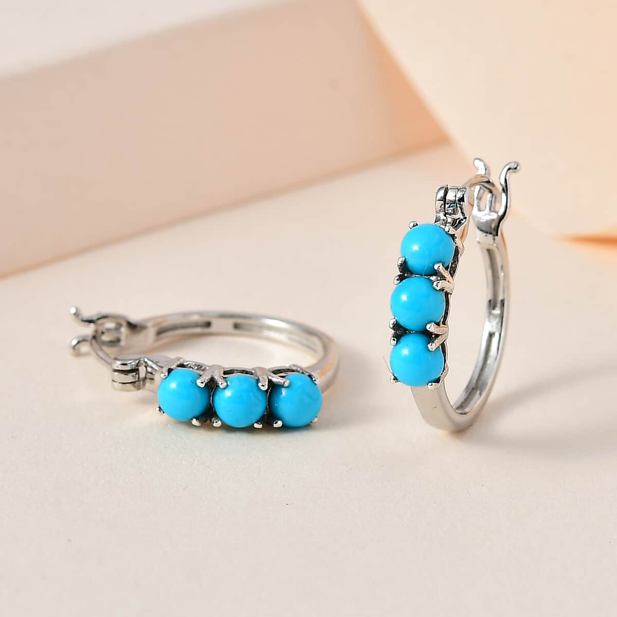 Sleeping Beauty Turquoise Hoop Earrings in Platinum Over Sterling Silver 1.75 ctw image number 1