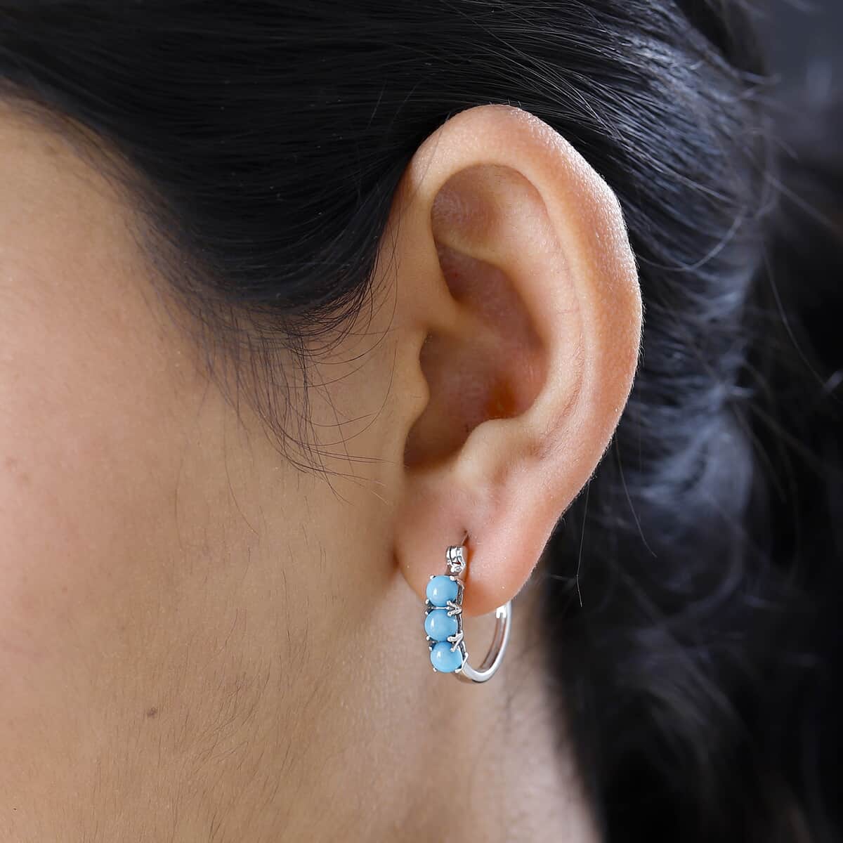 Sleeping Beauty Turquoise Hoop Earrings in Platinum Over Sterling Silver 1.75 ctw image number 2