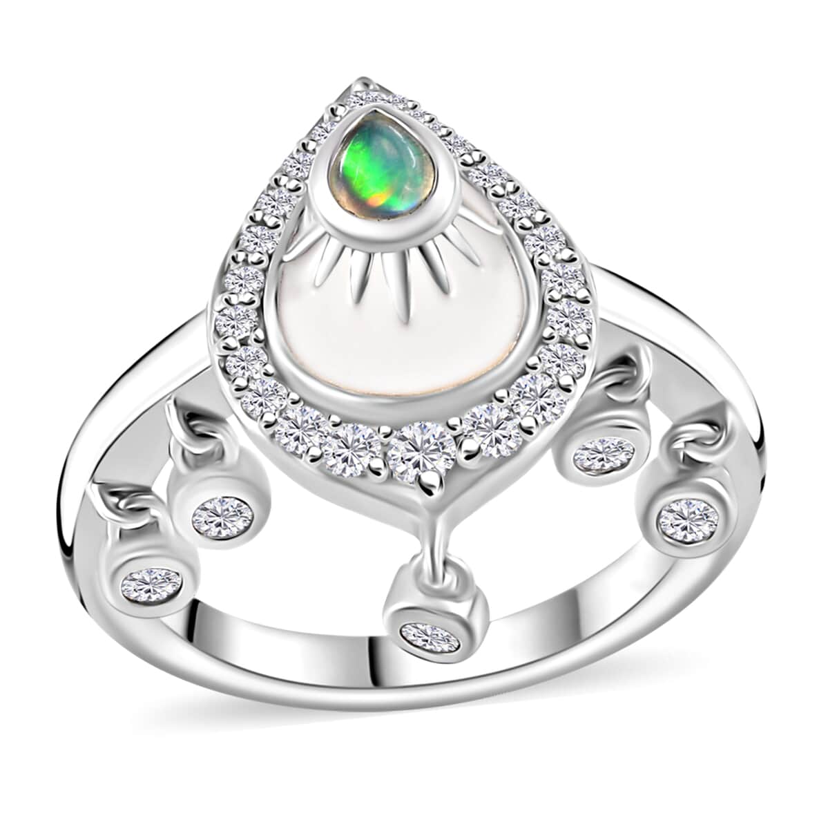 Ethiopian Welo Opal and White Zircon Ring in Platinum Over Sterling Silver (Size 6.0) 0.60 ctw image number 0