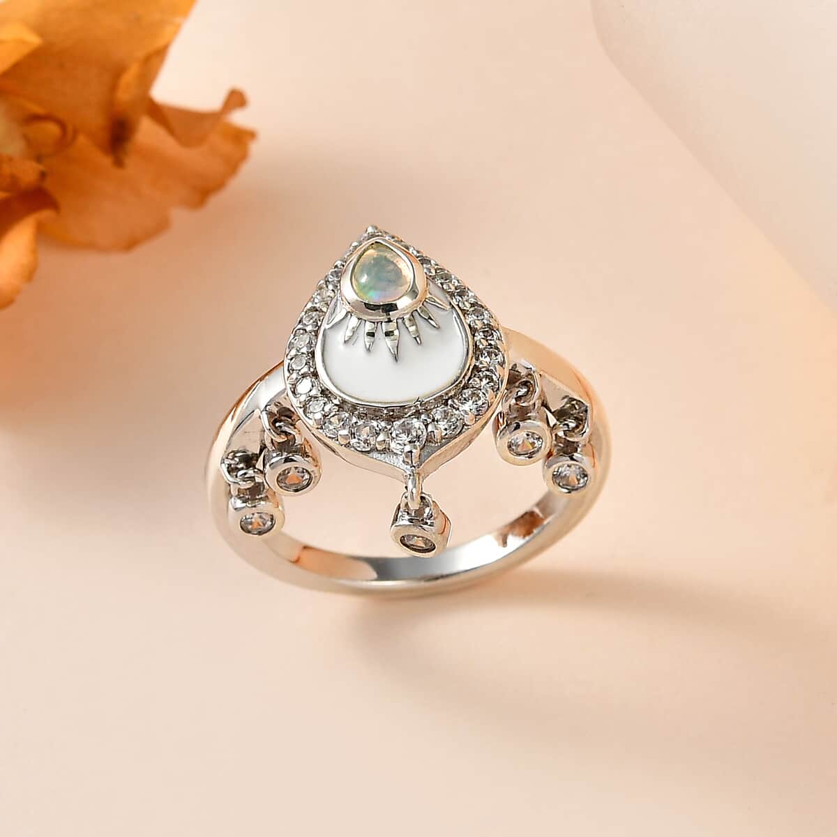 Ethiopian Welo Opal and White Zircon Ring in Platinum Over Sterling Silver (Size 6.0) 0.60 ctw image number 1