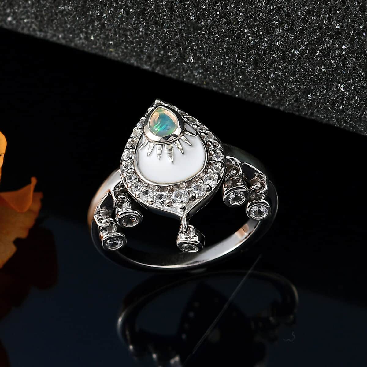 Ethiopian Welo Opal and White Zircon Ring in Platinum Over Sterling Silver (Size 6.0) 0.60 ctw image number 2