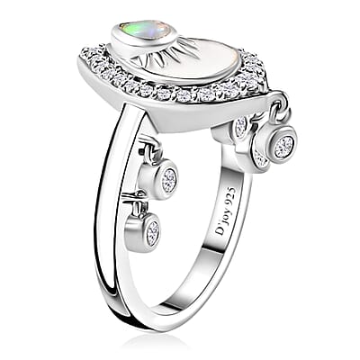 Ethiopian Welo Opal and White Zircon Ring in Platinum Over Sterling Silver (Size 6.0) 0.60 ctw