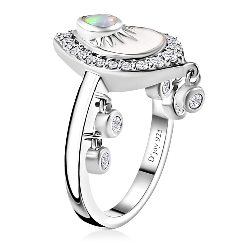 Ethiopian Welo Opal and White Zircon Ring in Platinum Over Sterling Silver (Size 6.0) 0.60 ctw