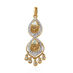 Ethiopian Welo Opal and White Zircon Artisan Style Chandelier Drop Pendant in Vermeil Yellow Gold Over Sterling Silver 1.00 ctw