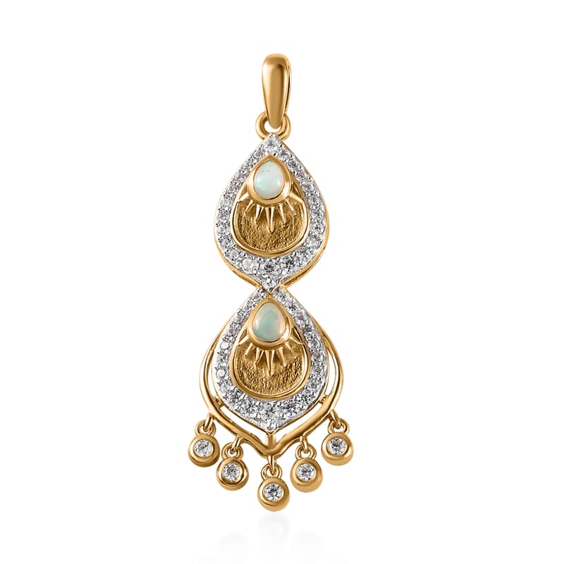 Ethiopian Welo Opal and White Zircon Artisan Style Chandelier Drop Pendant in Vermeil Yellow Gold Over Sterling Silver 1.00 ctw