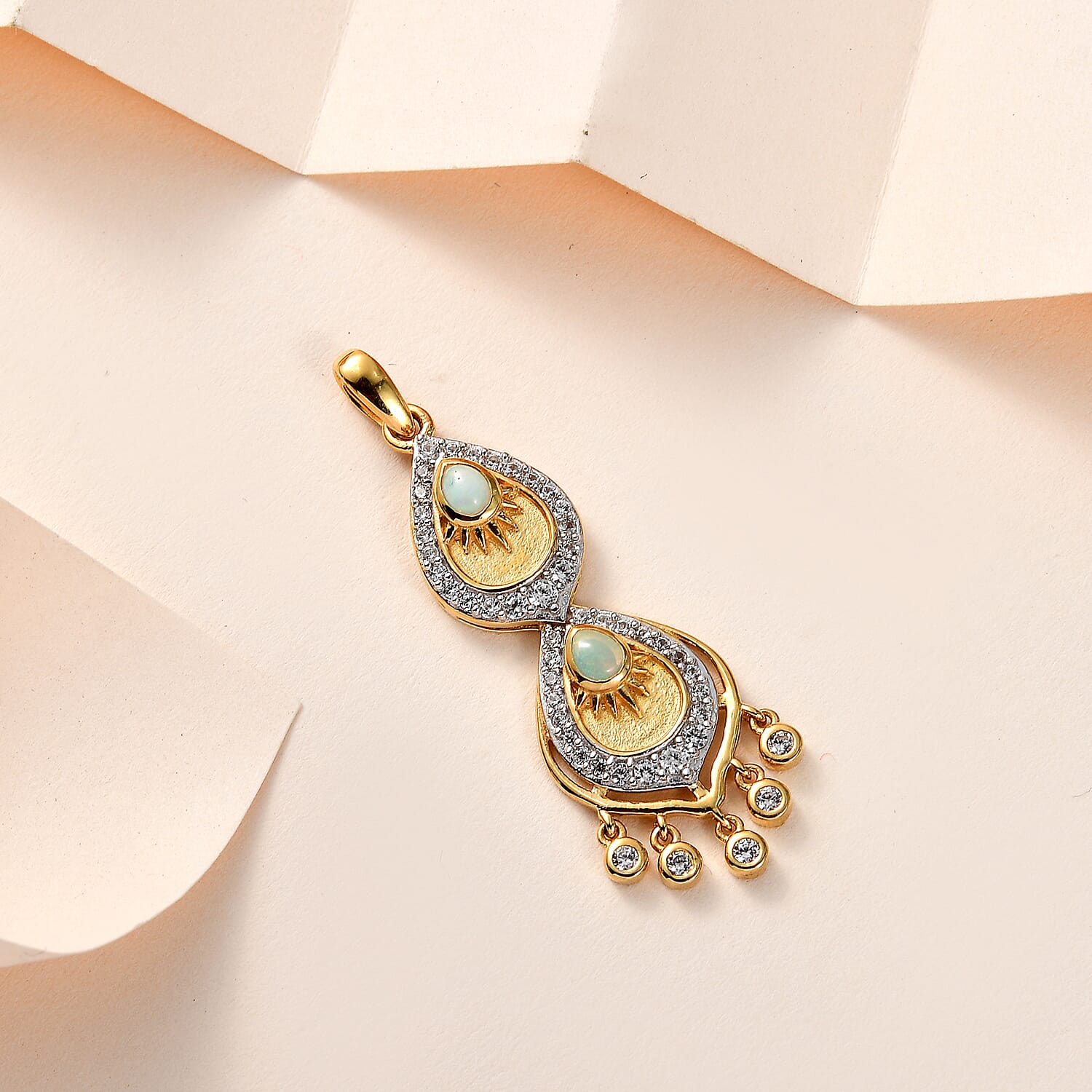 Ethiopian Welo Opal and White Zircon Artisan Style Chandelier Drop Pendant in Vermeil Yellow Gold Over Sterling Silver 1.00 ctw