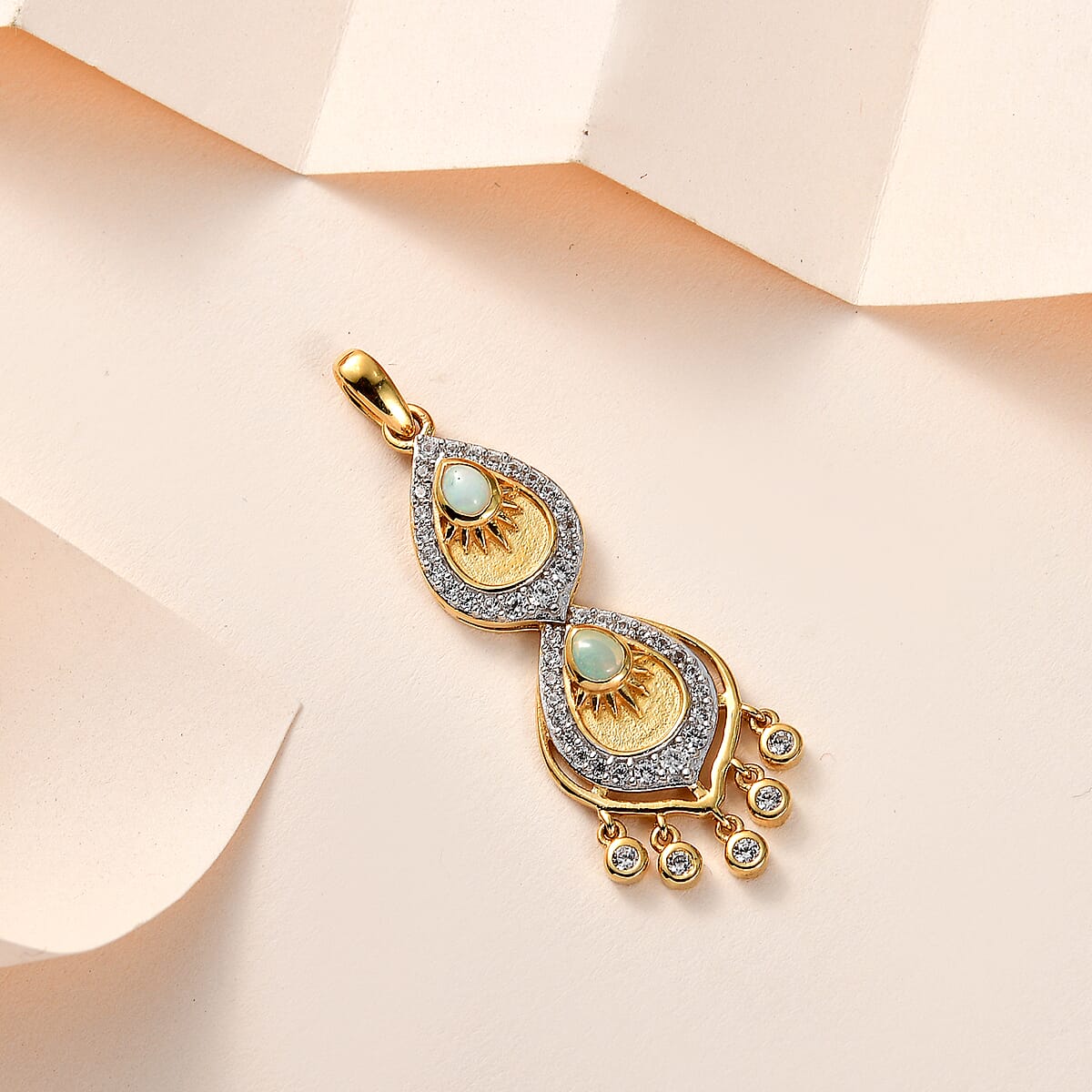 Ethiopian Welo Opal and White Zircon Pendant in Vermeil Yellow Gold Over Sterling Silver 1.00 ctw image number 1
