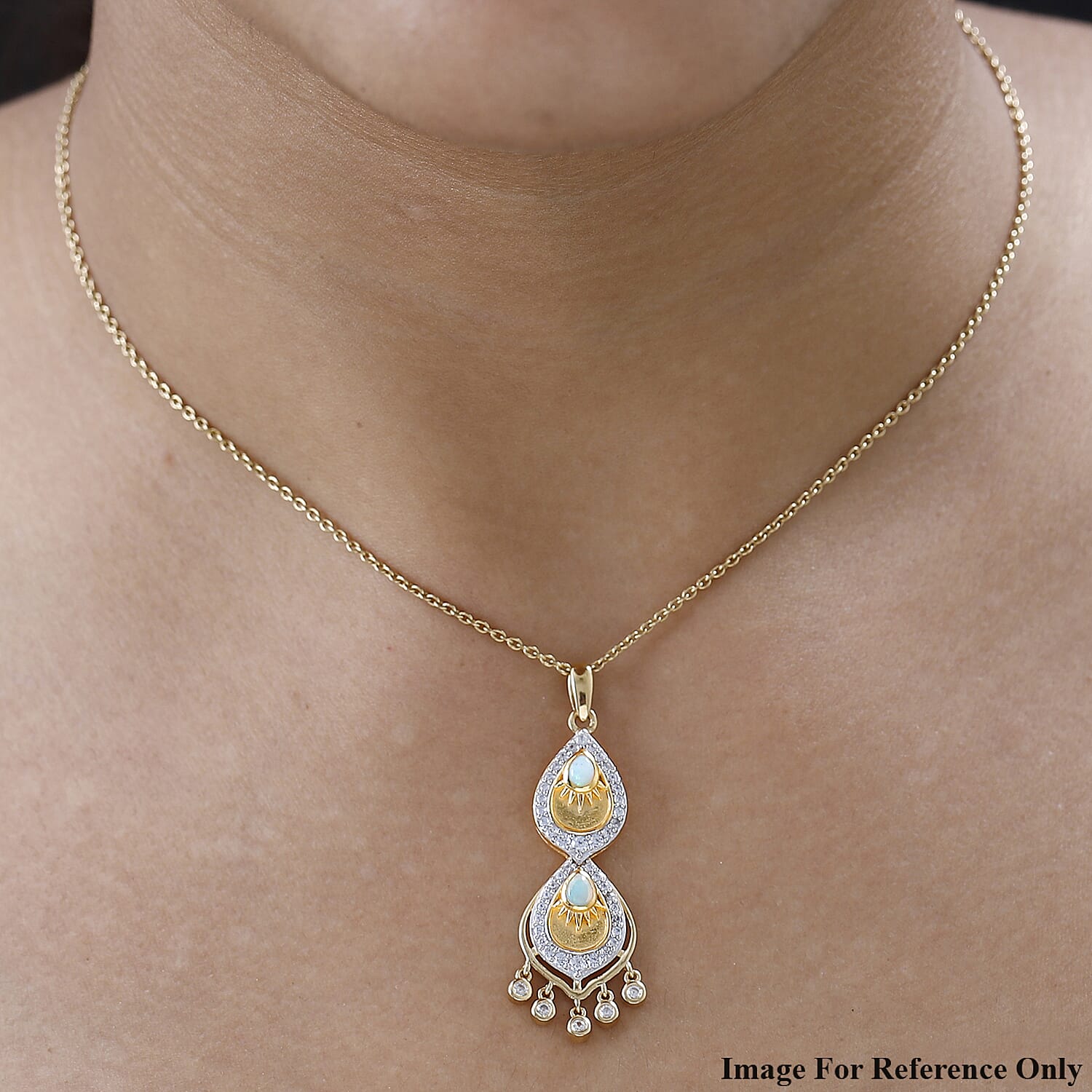 Ethiopian Welo Opal and White Zircon Artisan Style Chandelier Drop Pendant in Vermeil Yellow Gold Over Sterling Silver 1.00 ctw