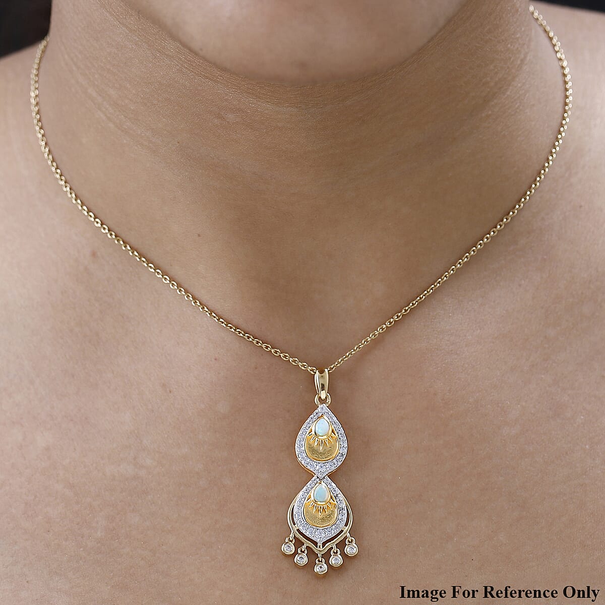 Ethiopian Welo Opal and White Zircon Pendant in Vermeil Yellow Gold Over Sterling Silver 1.00 ctw image number 2