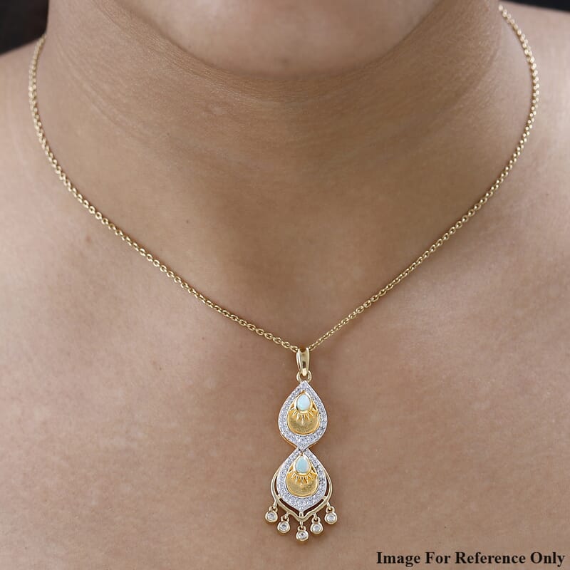 Ethiopian Welo Opal and White Zircon Artisan Style Chandelier Drop Pendant in Vermeil Yellow Gold Over Sterling Silver 1.00 ctw