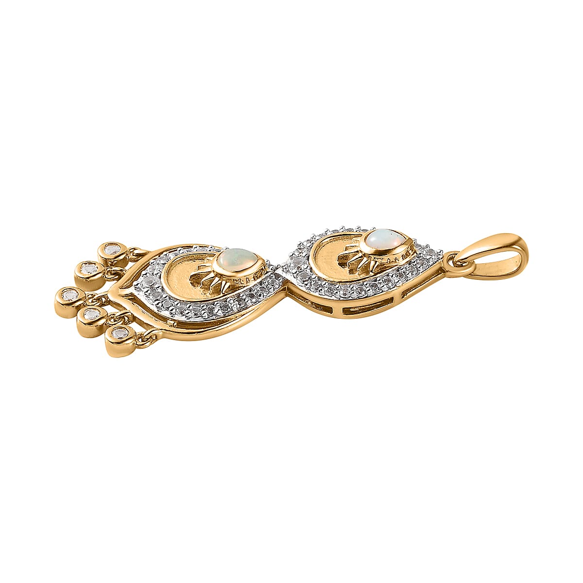 Ethiopian Welo Opal and White Zircon Artisan Style Chandelier Drop Pendant in Vermeil Yellow Gold Over Sterling Silver 1.00 ctw