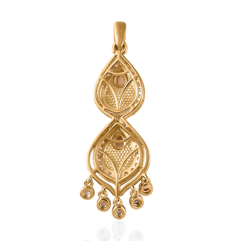 Ethiopian Welo Opal and White Zircon Artisan Style Chandelier Drop Pendant in Vermeil Yellow Gold Over Sterling Silver 1.00 ctw