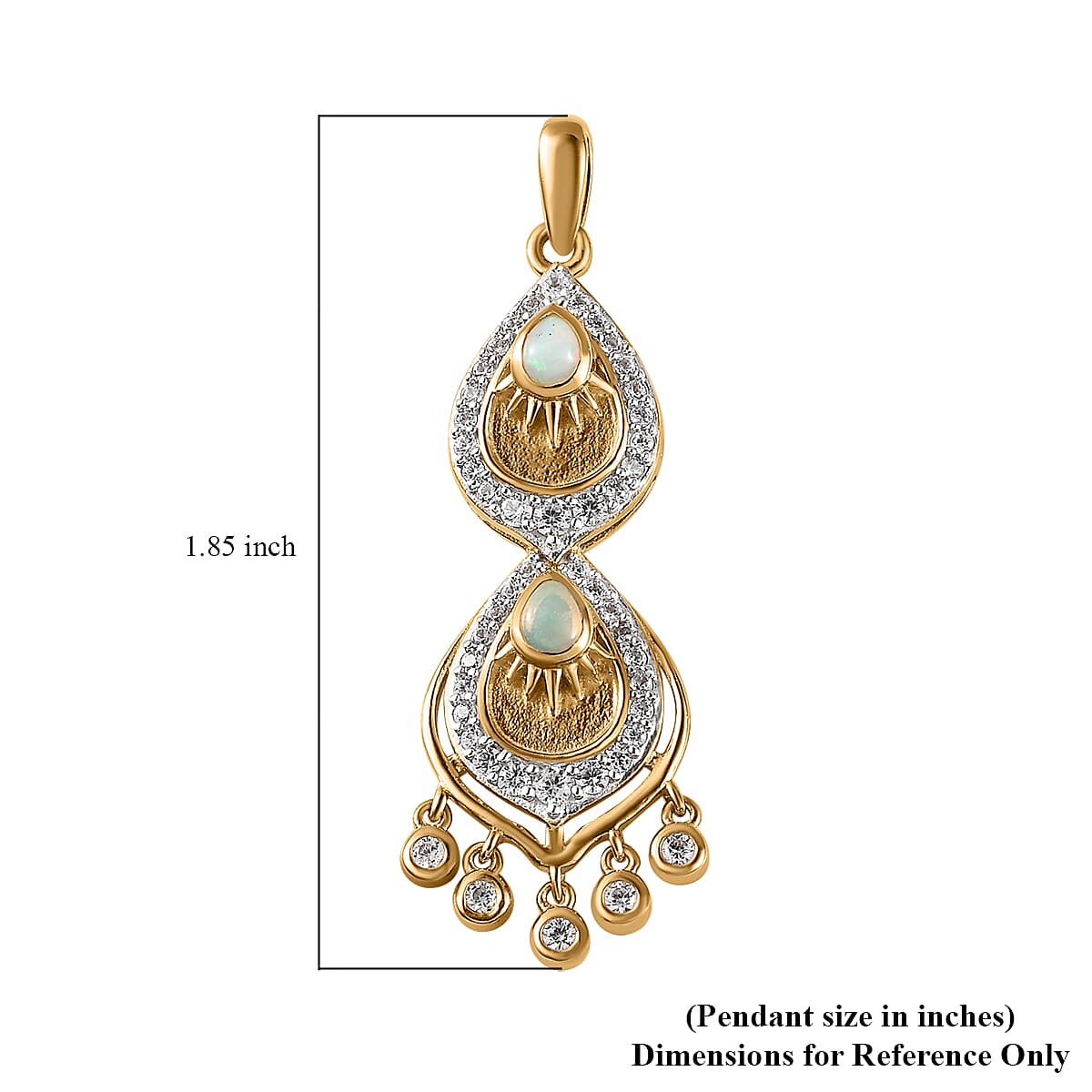 Ethiopian Welo Opal and White Zircon Artisan Style Chandelier Drop Pendant in Vermeil Yellow Gold Over Sterling Silver 1.00 ctw