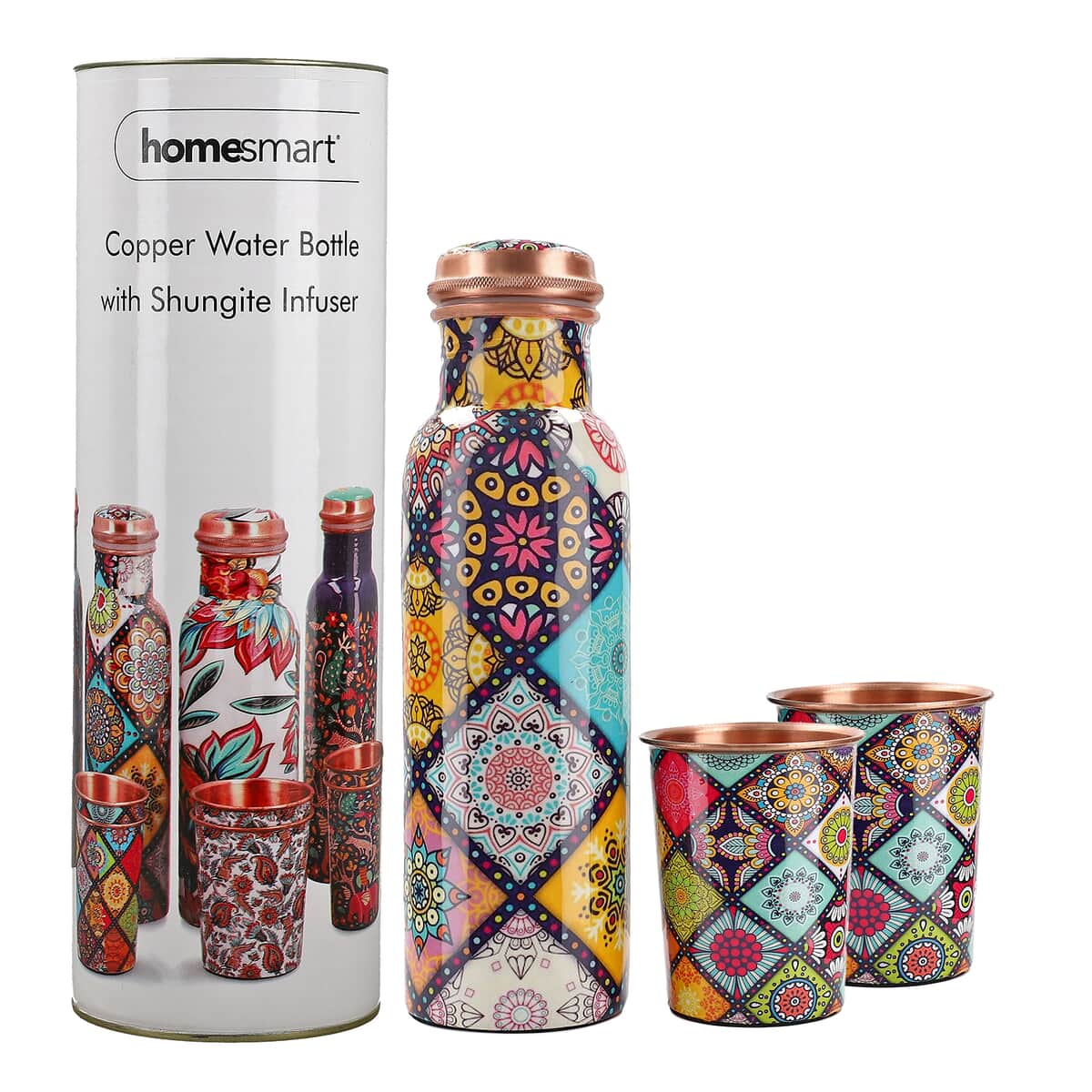 Homesmart Multi Color Gift Set of 3 Printed Copper Bottle with Shungite Infuser and 2 Matching Glass image number 0