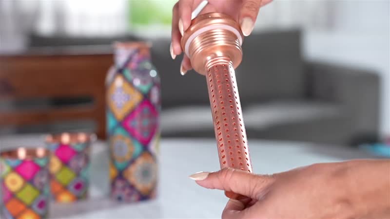 "Gift Set of 3 Printed Copper bottle with shungite infuser and 2 Glass  Colour: Multi Size: 8x3.5x12 Inch"