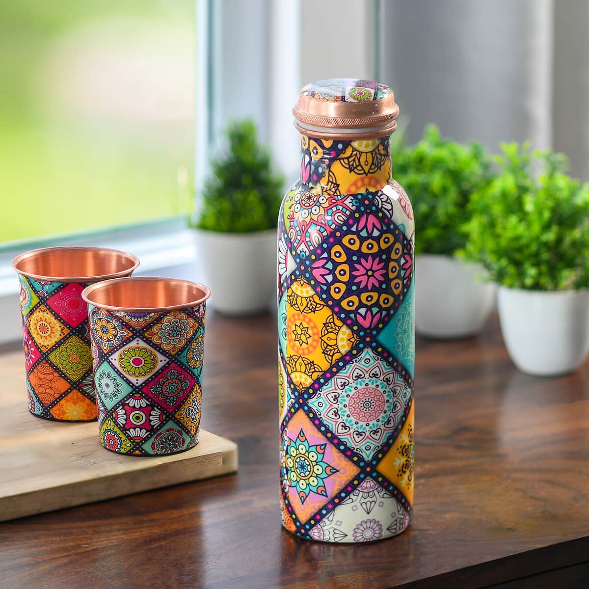 Homesmart Multi Color Gift Set of 3 Printed Copper Bottle with Shungite Infuser and 2 Matching Glass image number 1