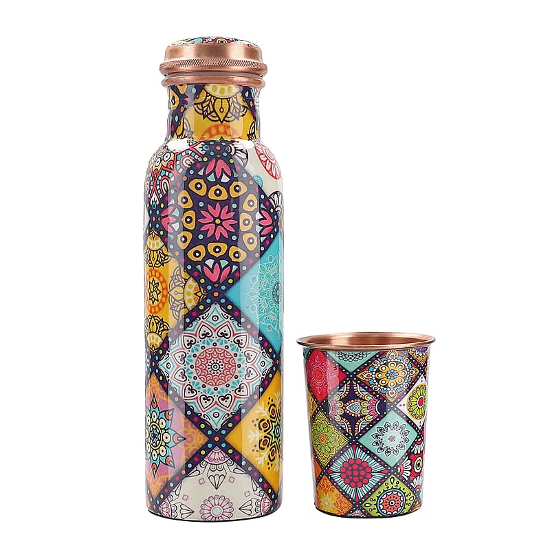 Homesmart Multi Color Gift Set of 3 Printed Copper Bottle with Shungite Infuser and 2 Matching Glass