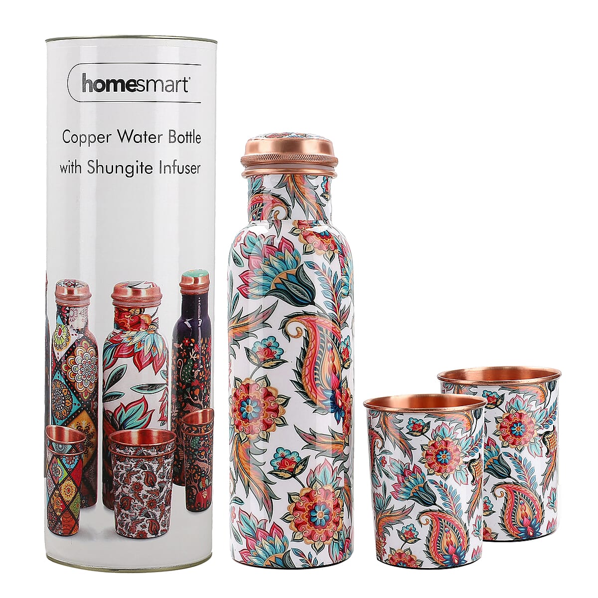 Homesmart White and Multi Color Gift Set of 3 Printed Copper Bottle with Shungite Infuser and 2 Matching Glass image number 0