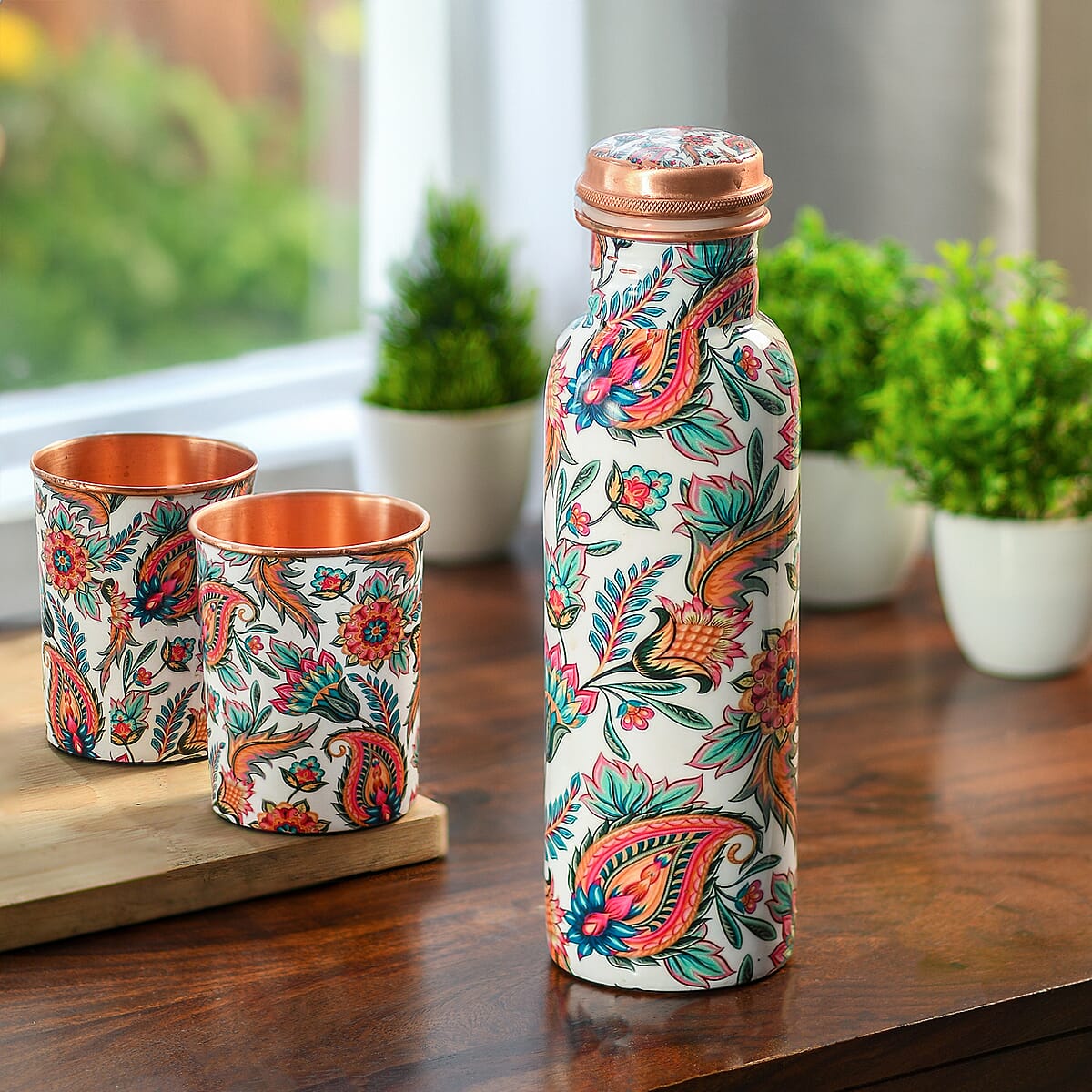 Homesmart White and Multi Color Gift Set of 3 Printed Copper Bottle with Shungite Infuser and 2 Matching Glass image number 1