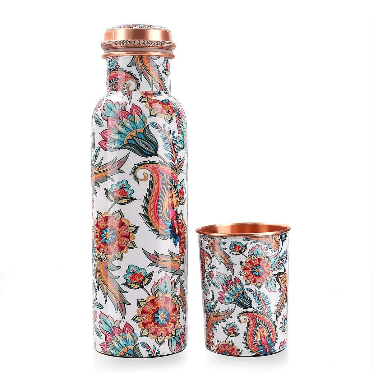 Homesmart White and Multi Color Gift Set of 3 Printed Copper Bottle with Shungite Infuser and 2 Matching Glass image number 2