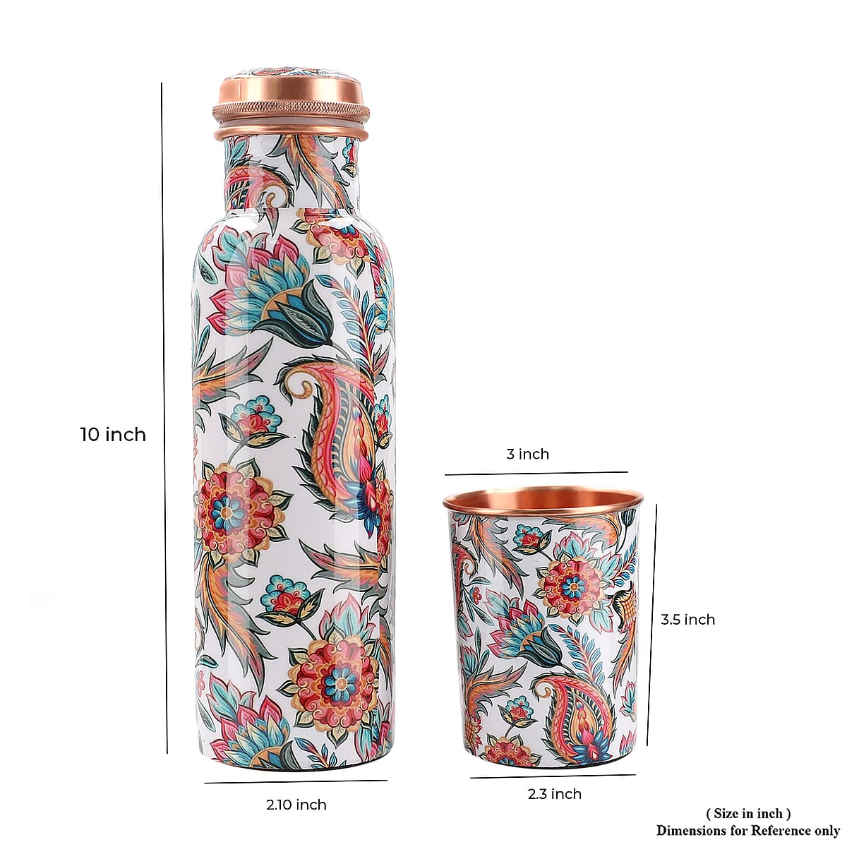 Homesmart White and Multi Color Gift Set of 3 Printed Copper Bottle with Shungite Infuser and 2 Matching Glass image number 6