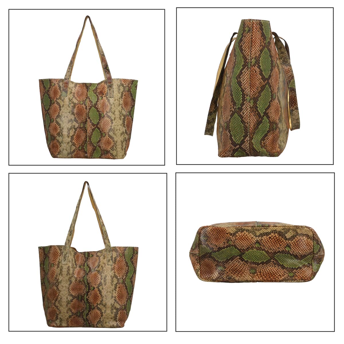 Green & Brown Snake Foil Print 100% Genuine Leather Tote Bag image number 4