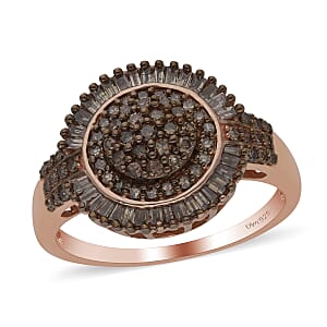 Natural Champagne Diamond Cocktail Ring in Rhodium and Vermeil Rose Gold Over Sterling Silver (Size 8.0) 1.10 ctw