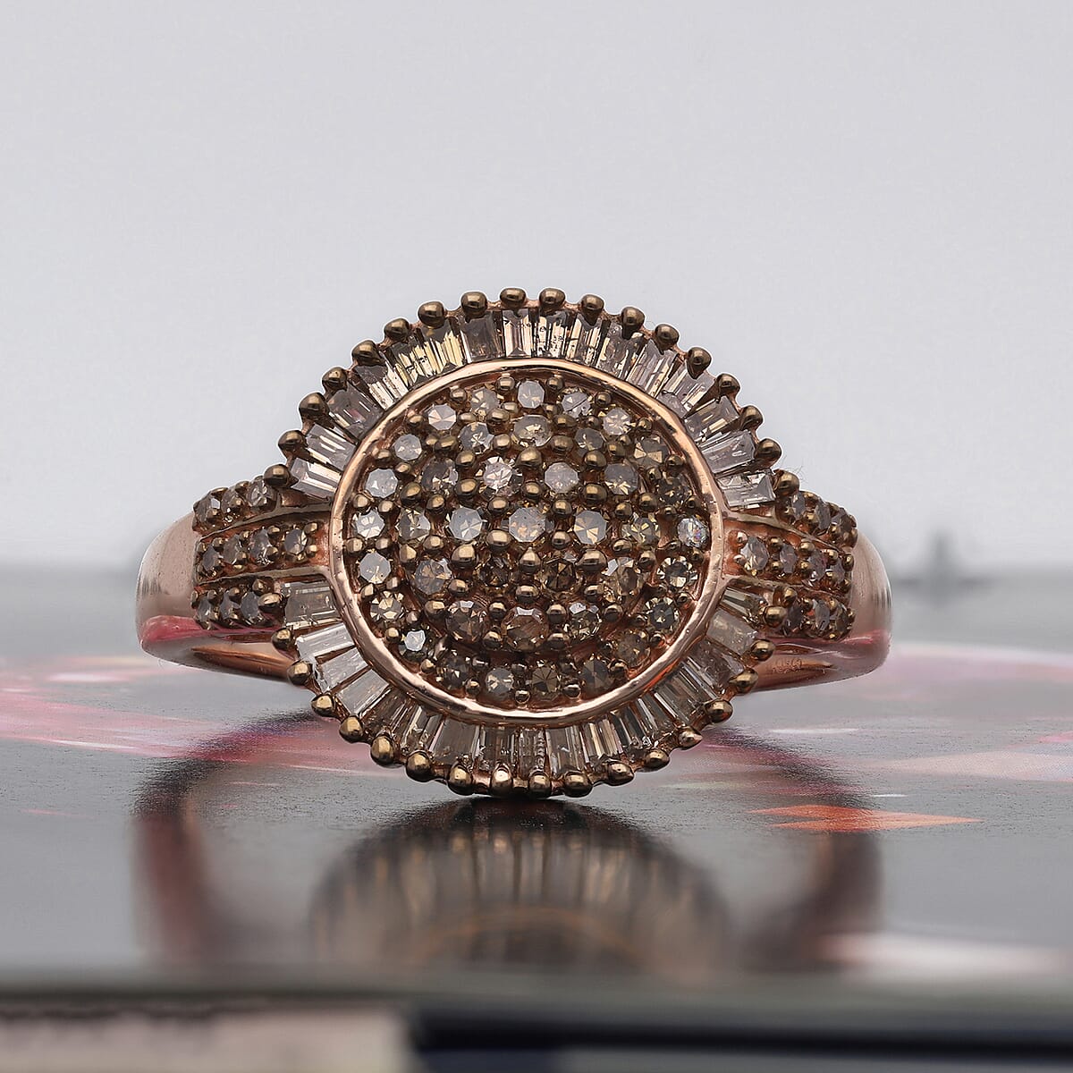 Natural Champagne Diamond Cocktail Ring in Rhodium and Vermeil Rose Gold Over Sterling Silver (Size 8.0) 1.10 ctw image number 1