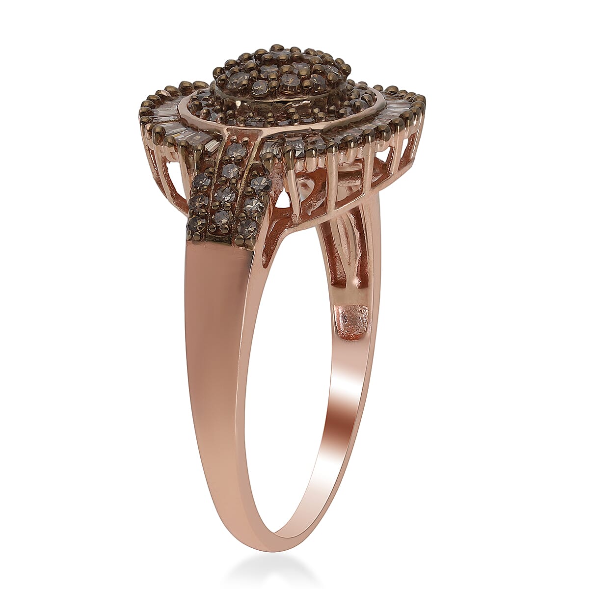 Natural Champagne Diamond Cocktail Ring in Rhodium and Vermeil Rose Gold Over Sterling Silver (Size 8.0) 1.10 ctw image number 3