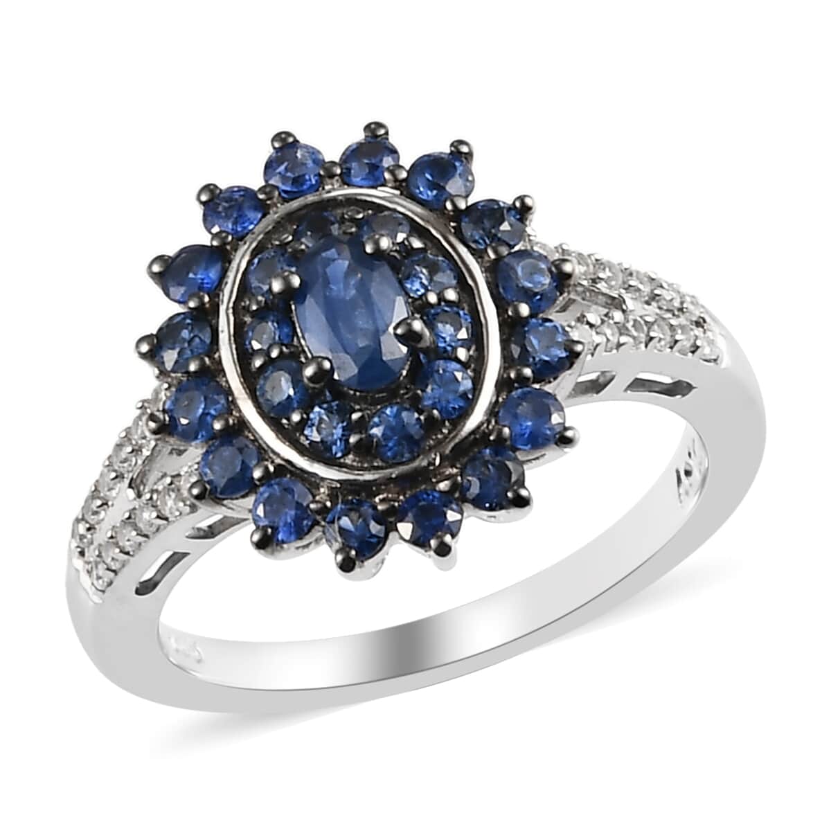 Premium Blue Ceylon Sapphire and Natural White Zircon Cocktail Ring in Platinum Over Sterling Silver (Size 9.0) 1.15 ctw image number 0