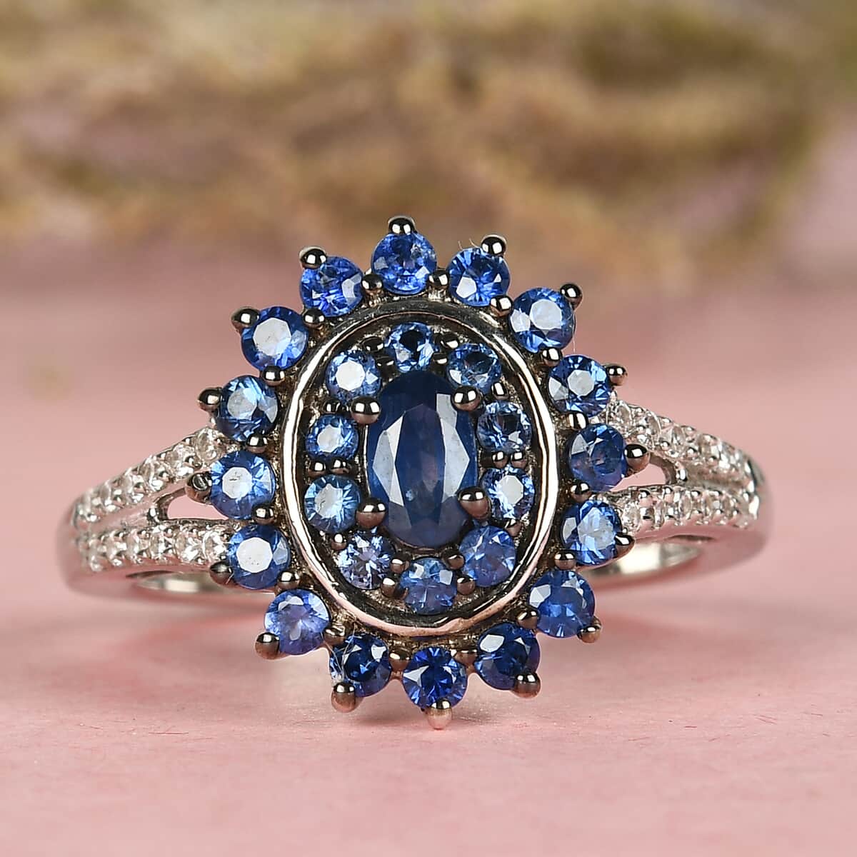 Premium Blue Ceylon Sapphire and Natural White Zircon Cocktail Ring in Platinum Over Sterling Silver (Size 9.0) 1.15 ctw image number 1