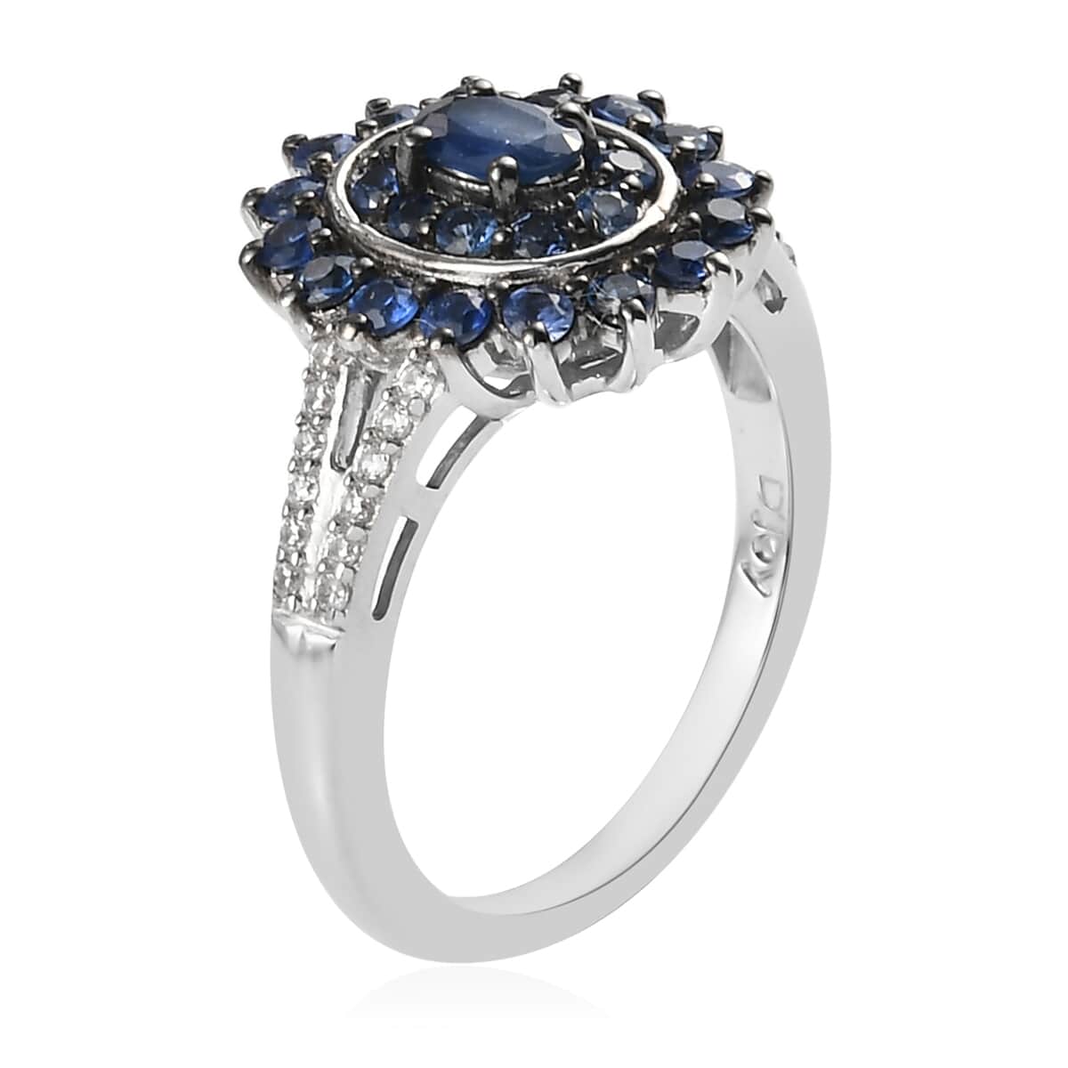 Premium Blue Ceylon Sapphire and Natural White Zircon Cocktail Ring in Platinum Over Sterling Silver (Size 9.0) 1.15 ctw image number 3