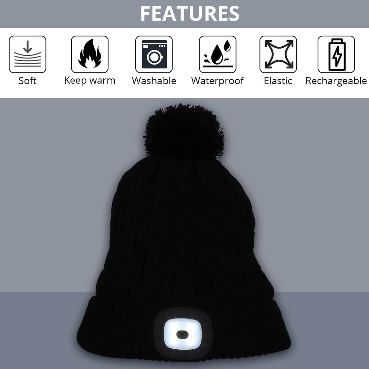 HOMESMART Rechargeable Waterproof LED Beanie Hat with Sherpa Lining and Faux Fur Baubbles - Blue (7.87"x11.02") image number 2