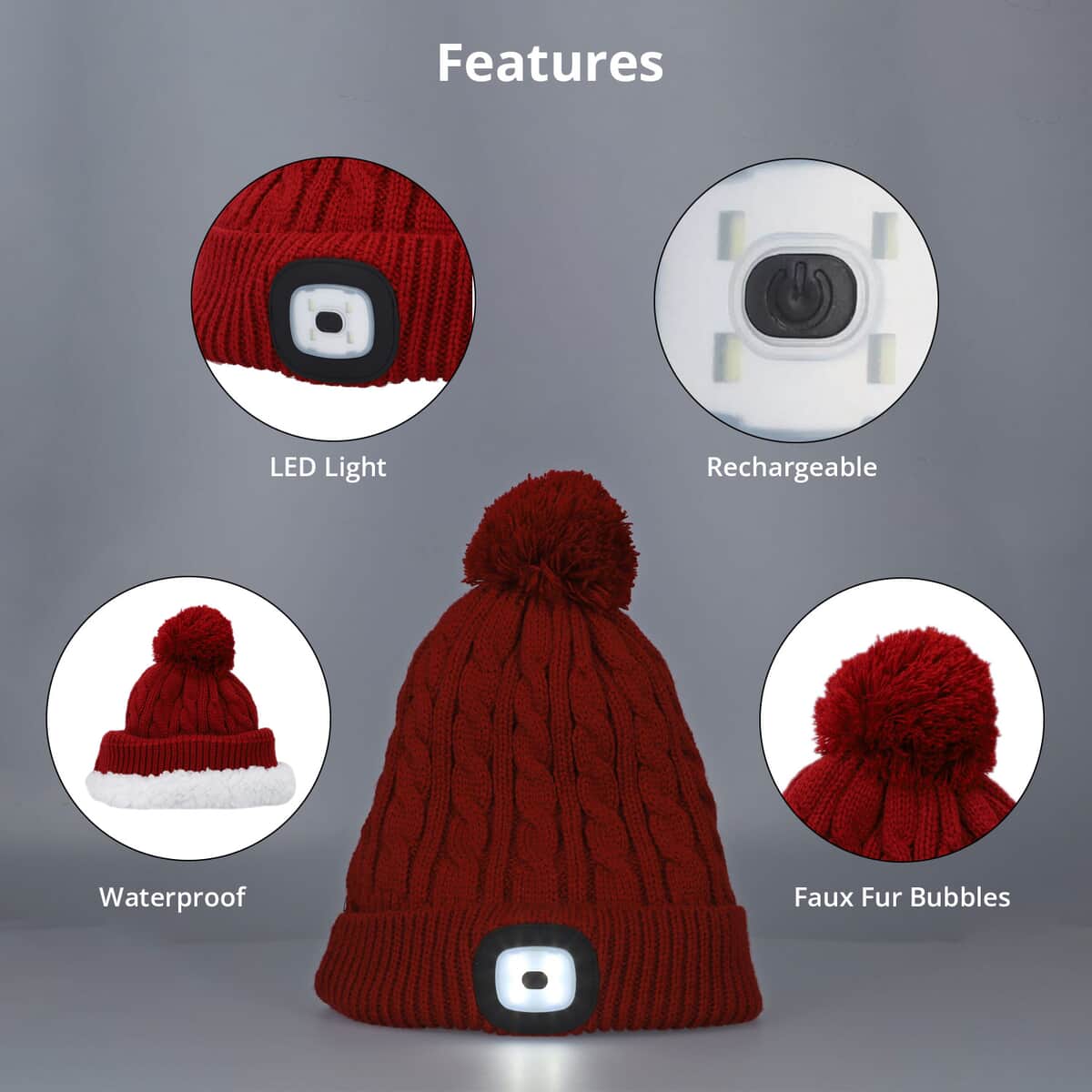 Homesmart Rechargeable Waterproof LED Beanie Hat with Sherpa Lining and Faux Fur Bubbles - Red image number 2