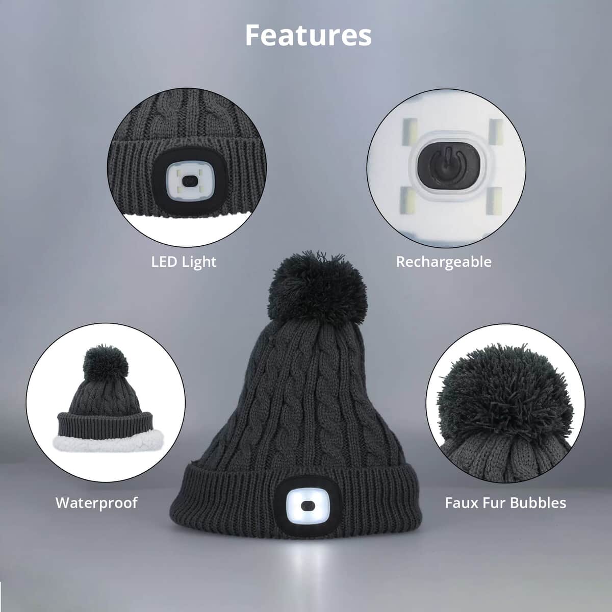 Homesmart Rechargeable Waterproof LED Beanie Hat with Sherpa Lining and Faux Fur Bubbles - Grey image number 2
