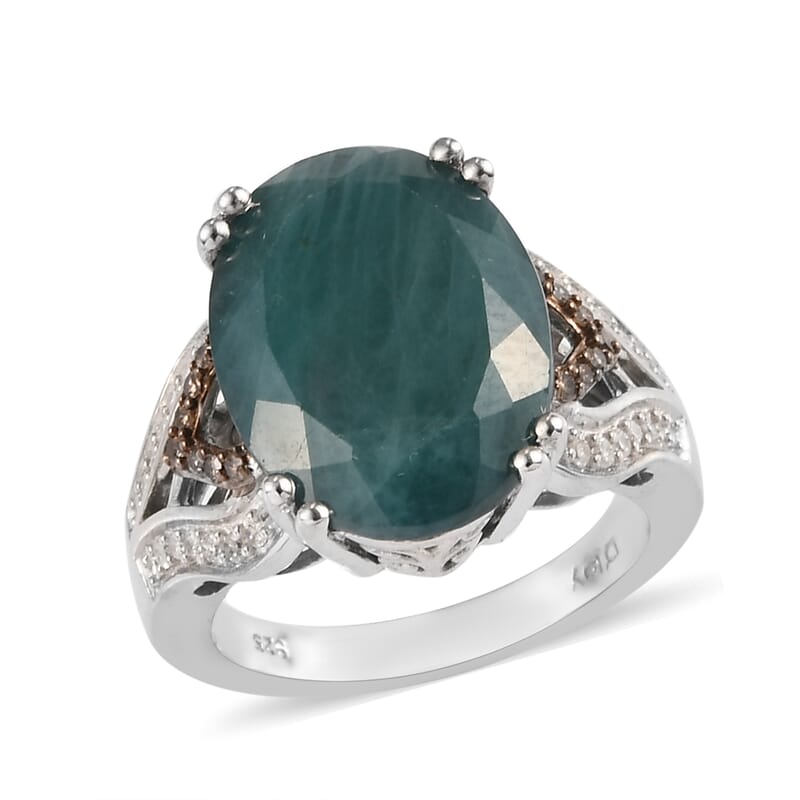 AAA Grandidierite, Natural Champagne and White Diamond 9.65 ctw Ring in Platinum Over Sterling Silver (Size 6.0)