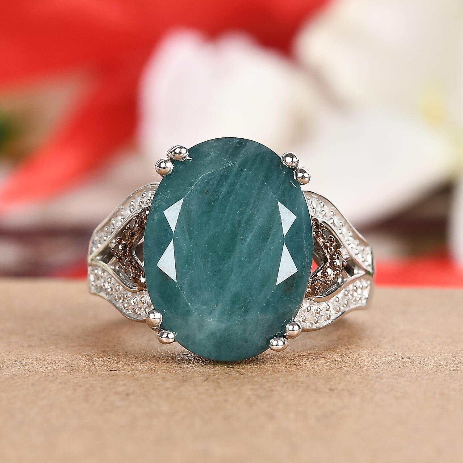 AAA Grandidierite, Natural Champagne and White Diamond 9.65 ctw Ring in Platinum Over Sterling Silver (Size 6.0)