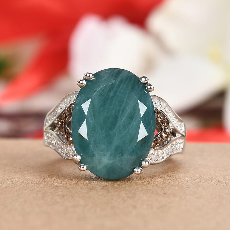 AAA Grandidierite, Natural Champagne and White Diamond 9.65 ctw Ring in Platinum Over Sterling Silver (Size 6.0)