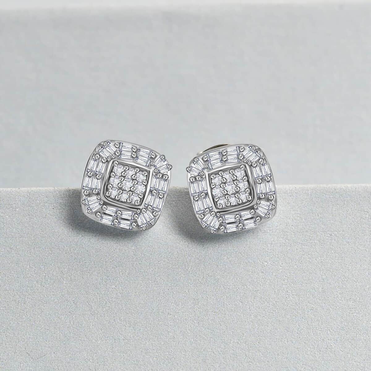 DOORBUSTER Diamond Cluster Stud Earrings in Platinum Over Sterling Silver 0.33 ctw image number 1