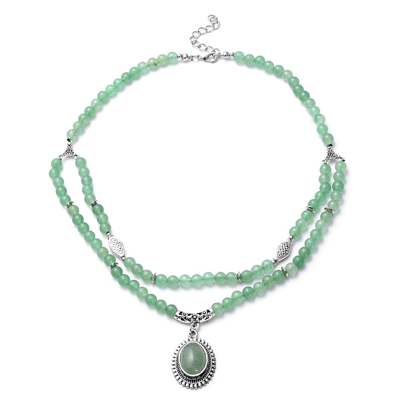 Green Aventurine Beaded Layered Necklace 18-20 Inches in Silvertone 208.50 ctw