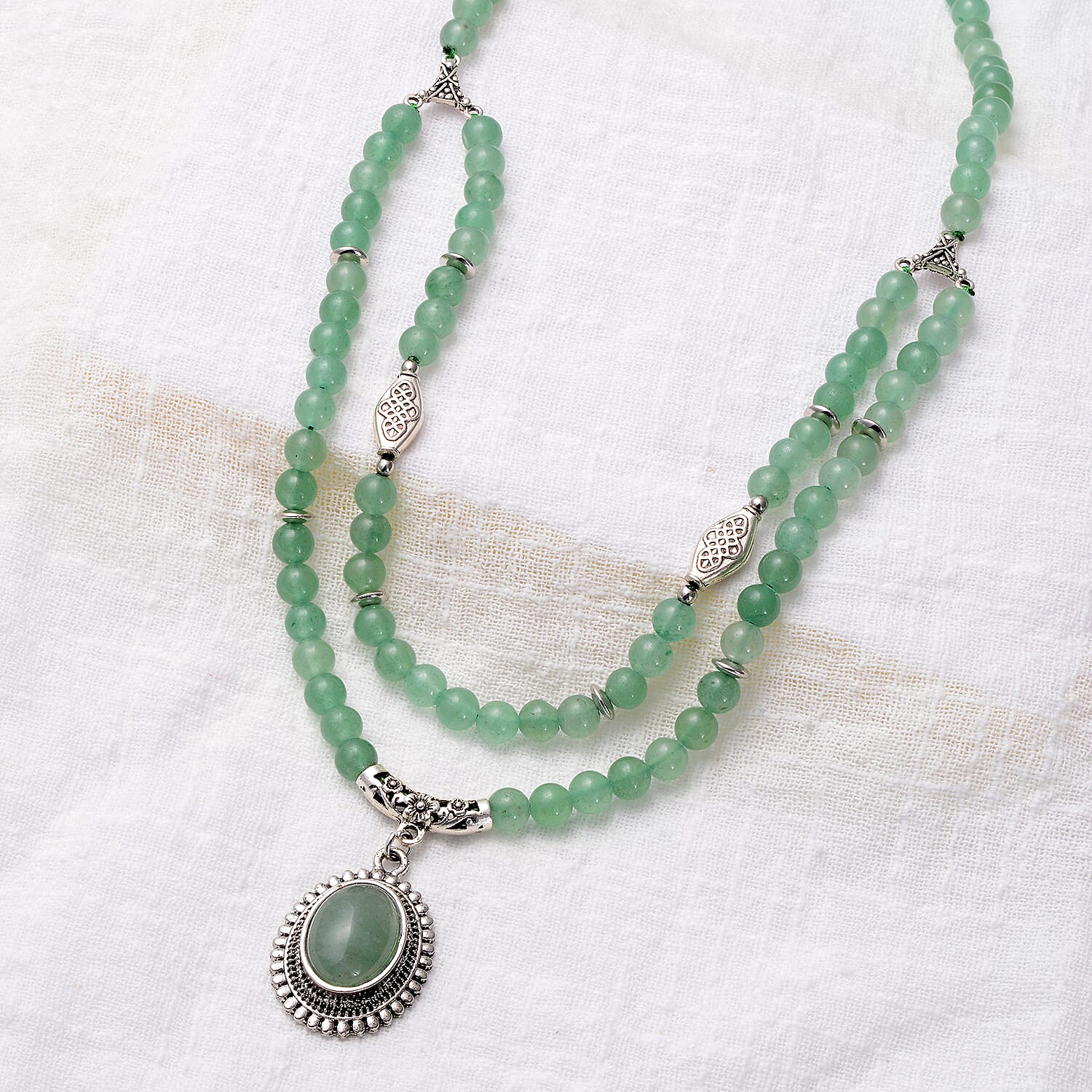 Green Aventurine Beaded Layered Necklace 18-20 Inches in Silvertone 208.50 ctw
