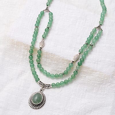 Green Aventurine Beaded Layered Necklace 18-20 Inches in Silvertone 208.50 ctw