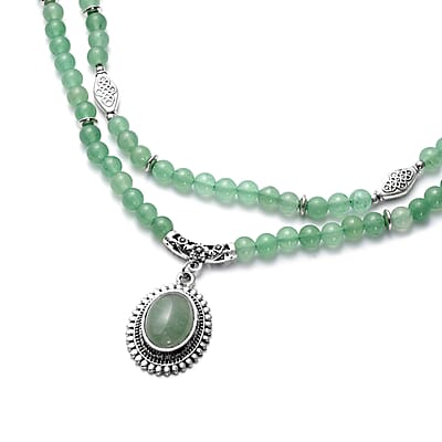 Green Aventurine Beaded Layered Necklace 18-20 Inches in Silvertone 208.50 ctw