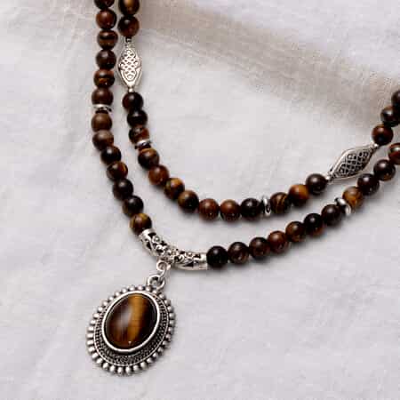 Yellow Tiger's Eye Beaded Layered Necklace 18-20 Inches in Silvertone 202.00 ctw image number 1