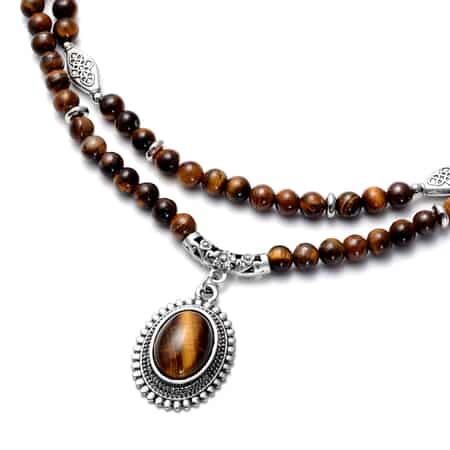 Yellow Tiger's Eye Beaded Layered Necklace 18-20 Inches in Silvertone 202.00 ctw image number 2