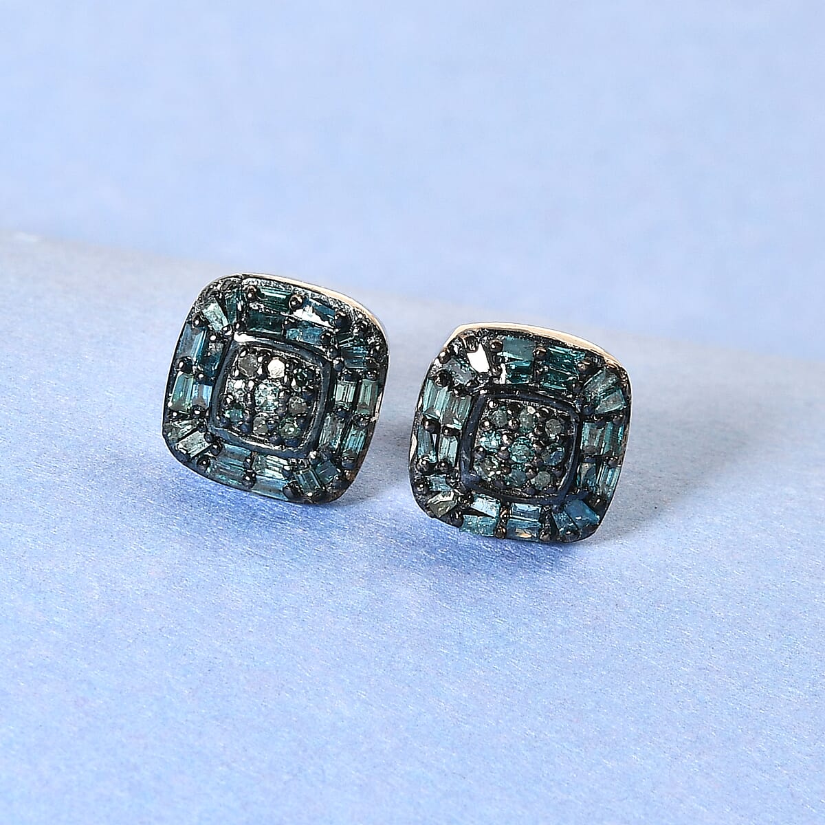 Blue Diamond Cluster Stud Earrings, Blue Diamond Earrings,  Blue Rhodium and Platinum Over Sterling Silver Earrings, Cluster Earrings, Silver Studs 0.33 ctw image number 1