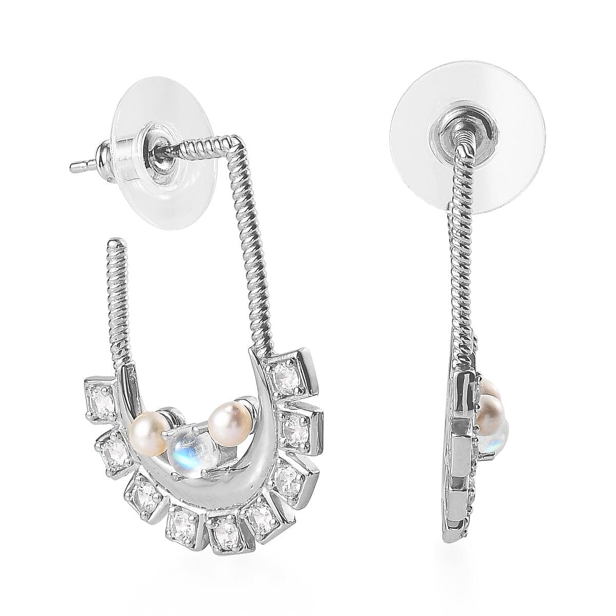 Rainbow Moonstone, Freshwater Pearl and White Zircon Moon Statement Earrings in Platinum Over Sterling Silver 2.80 ctw