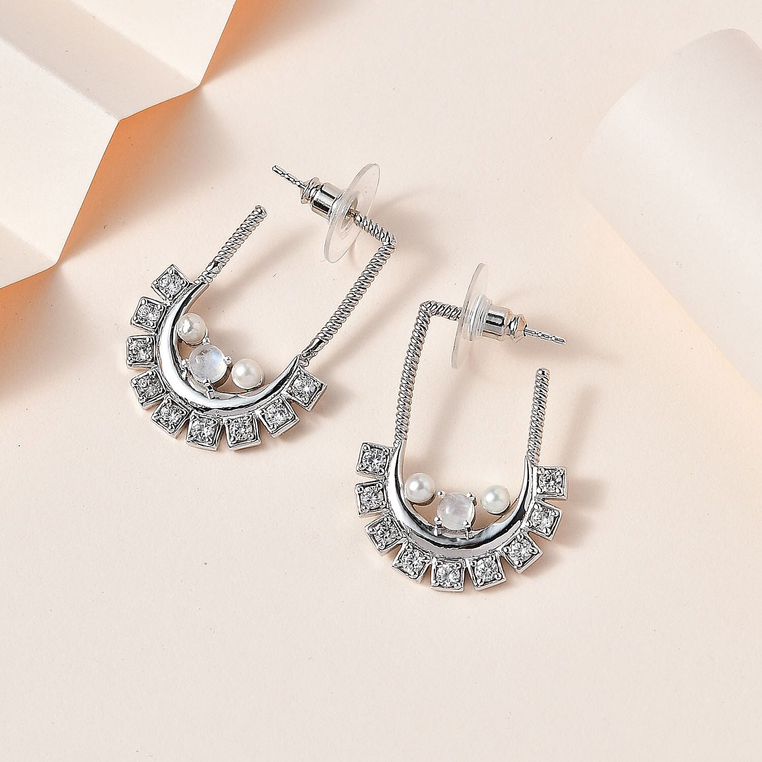 Rainbow Moonstone, Freshwater Pearl and White Zircon Moon Statement Earrings in Platinum Over Sterling Silver 2.80 ctw