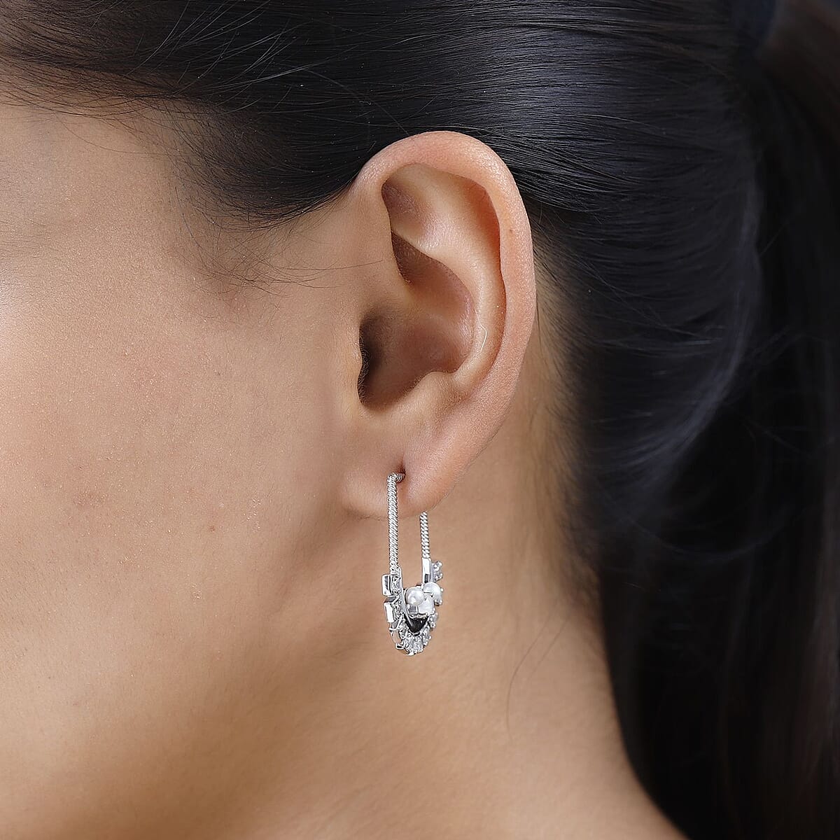 Rainbow Moonstone, Freshwater Pearl and White Zircon Moon Statement Earrings in Platinum Over Sterling Silver 2.80 ctw image number 2