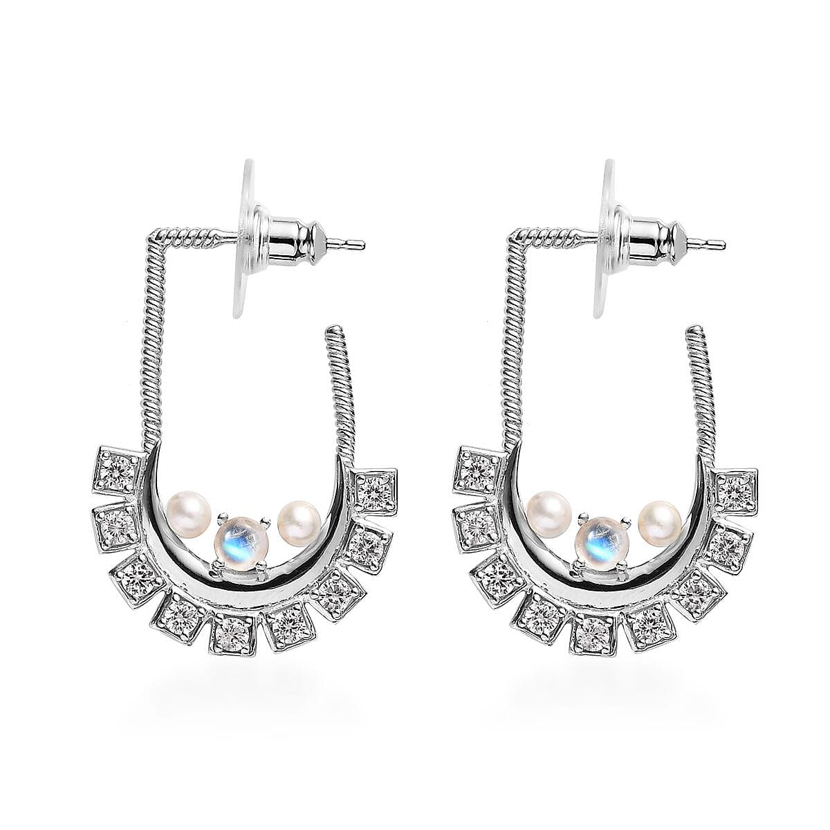Rainbow Moonstone, Freshwater Pearl and White Zircon Moon Statement Earrings in Platinum Over Sterling Silver 2.80 ctw